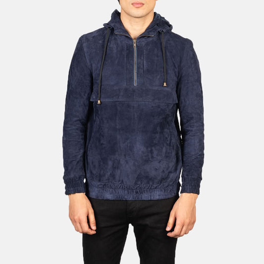 Kenton Hooded Blue Suede Pullover Jacket - Leather Clan