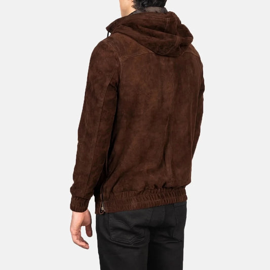 Kenton Hooded Mocha Suede Pullover Jacket - Leather Clan