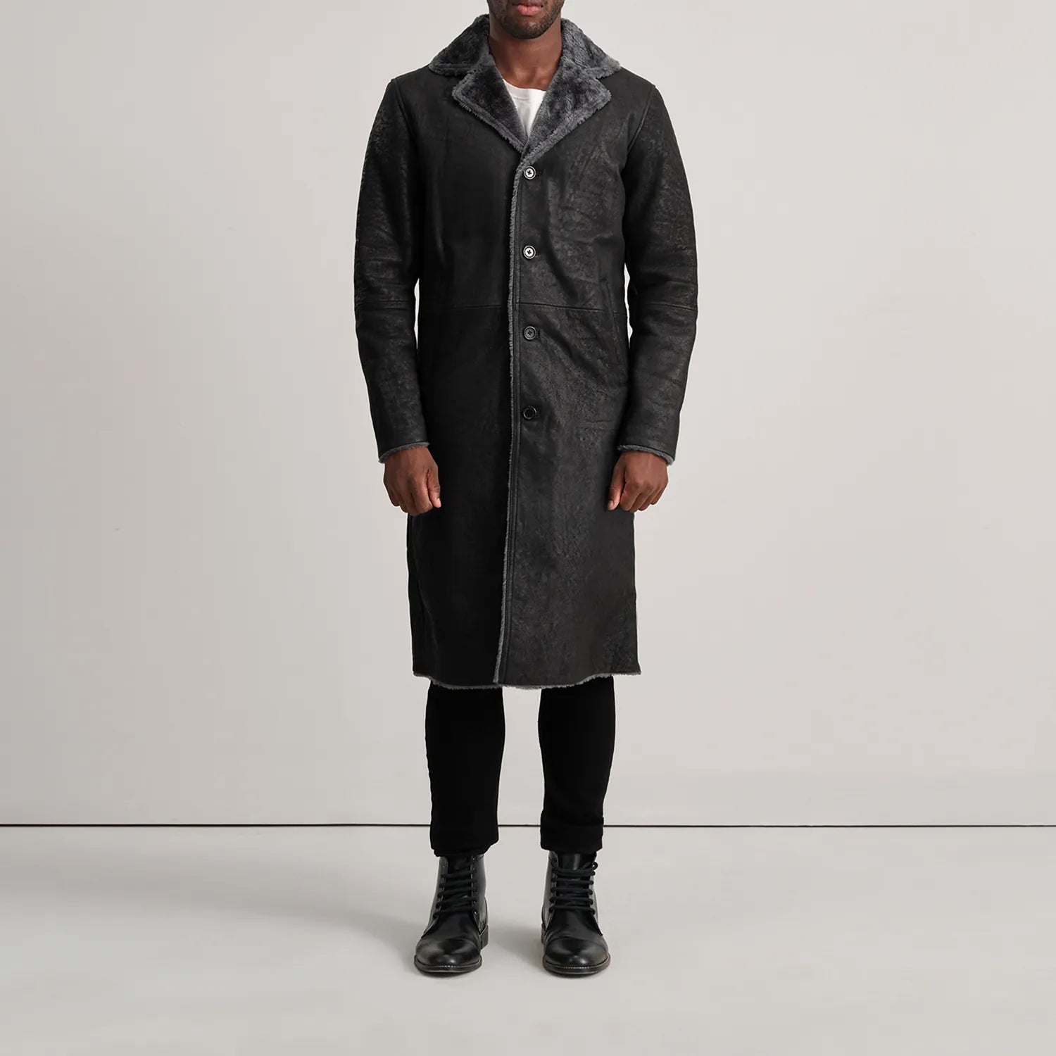 Kolby Distressed Black Leather Shearling Coat
