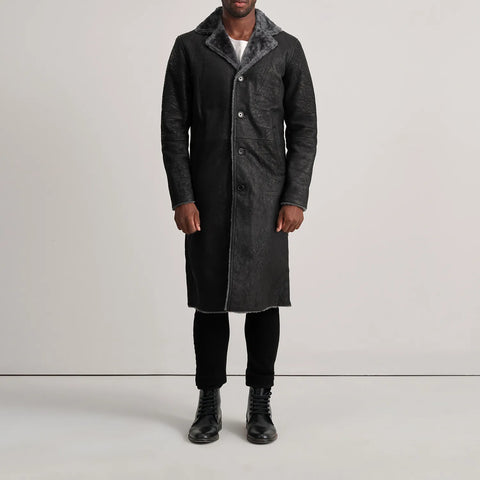 Kolby Distressed Black Leather Shearling Coat