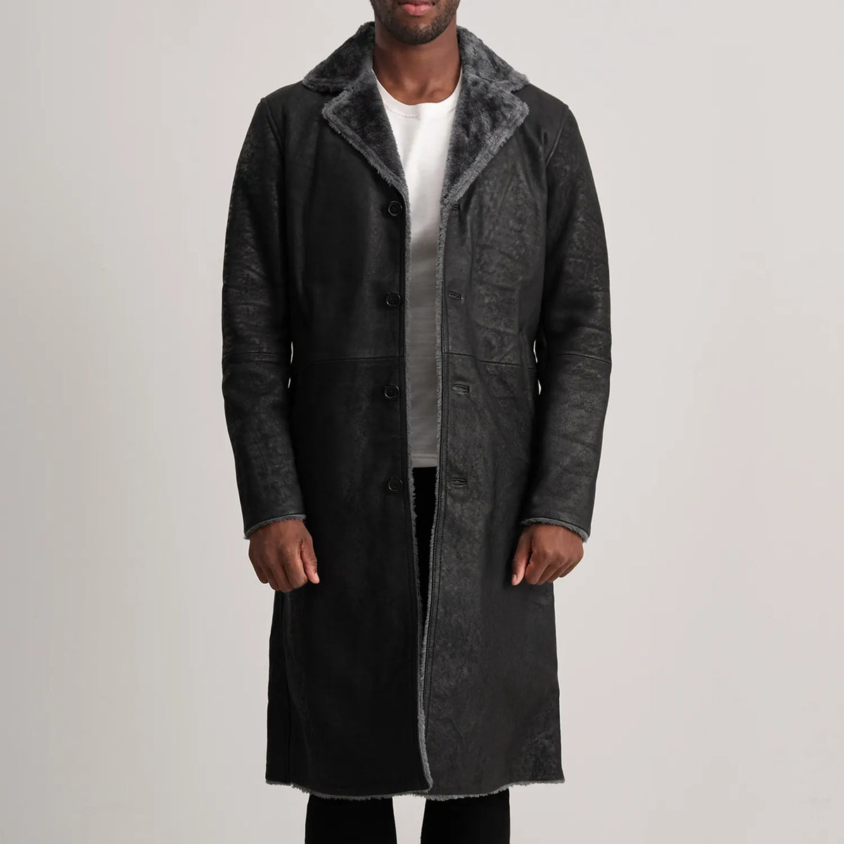 Kolby Distressed Black Leather Shearling Coat
