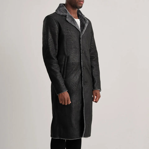 Kolby Distressed Black Leather Shearling Coat