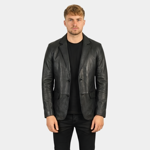 Men's Lapel Color Black Leather Blazer