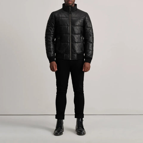 Lucas Black Leather Puffer Bomber Jacket