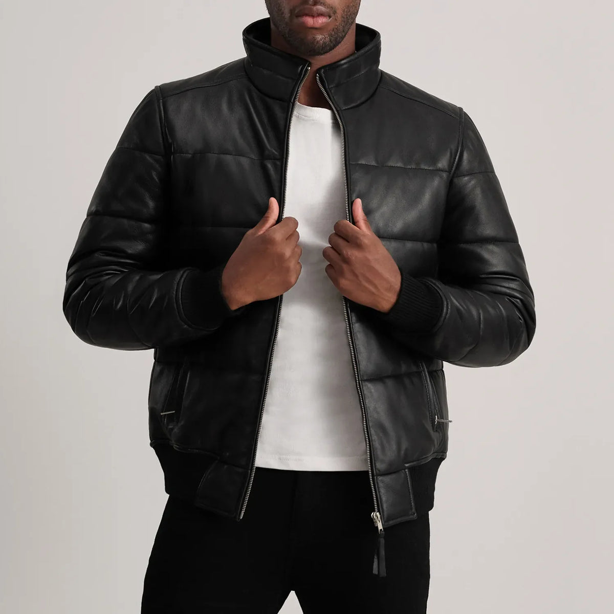 Lucas Black Leather Puffer Bomber Jacket