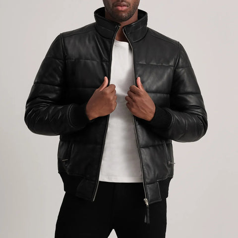 Lucas Black Leather Puffer Bomber Jacket