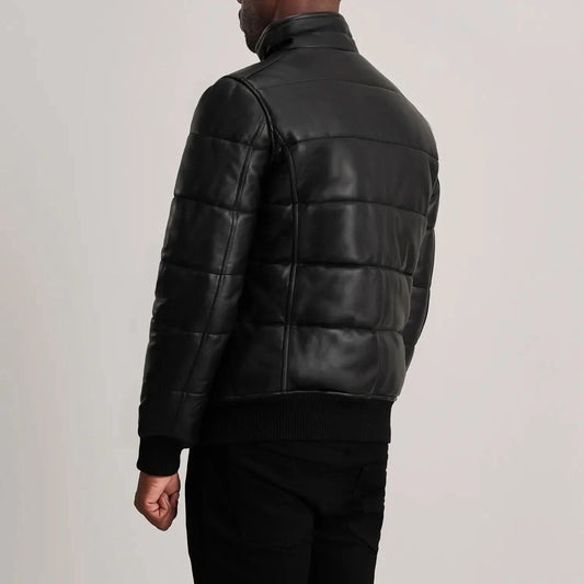 Lucas Black Leather Puffer Bomber Jacket - Leather Clan