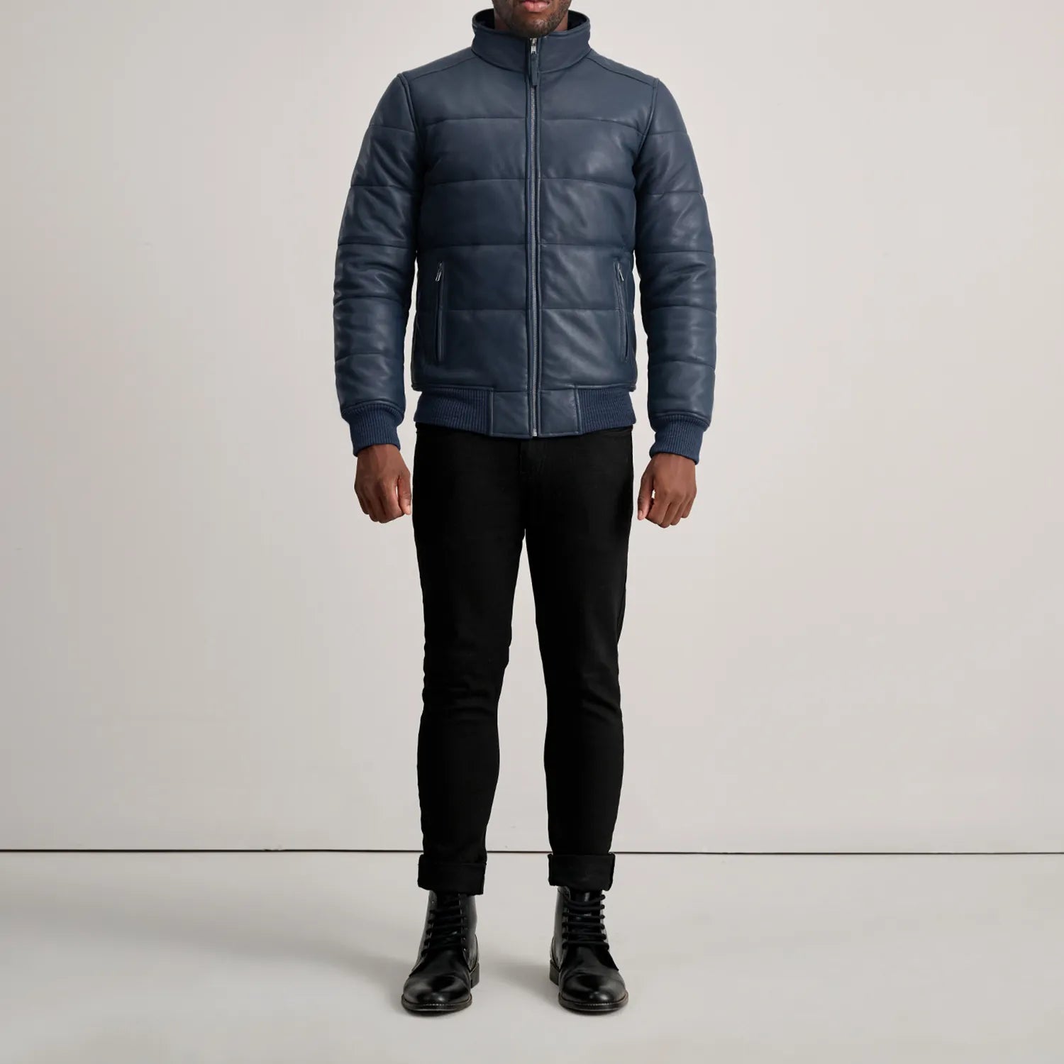 Lucas Blue Leather Puffer Bomber Jacket
