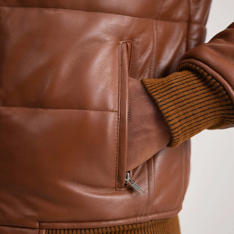 Lucas Brown Leather Puffer Bomber Jacket