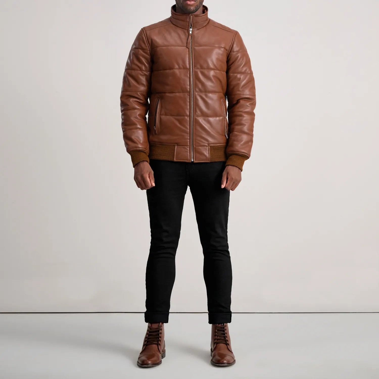 Lucas Brown Leather Puffer Bomber Jacket