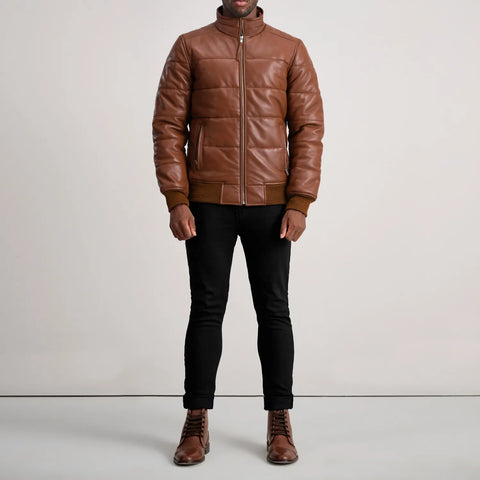 Lucas Brown Leather Puffer Bomber Jacket