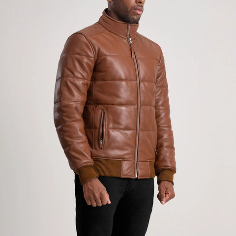 Lucas Brown Leather Puffer Bomber Jacket
