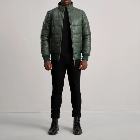 Lucas Green Leather Puffer Bomber Jacket