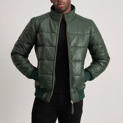 Lucas Green Leather Puffer Bomber Jacket
