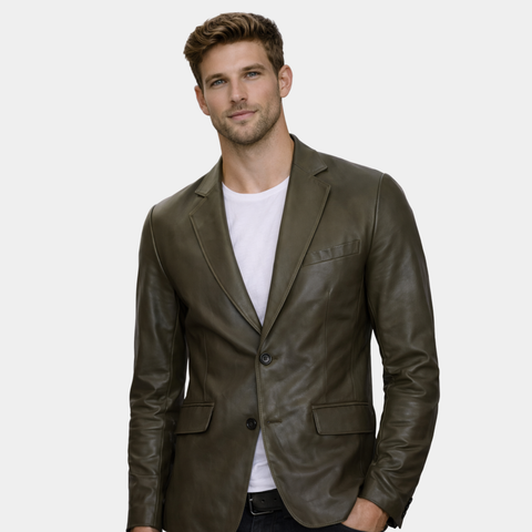 Men’s Military Green Real Leather Blazer