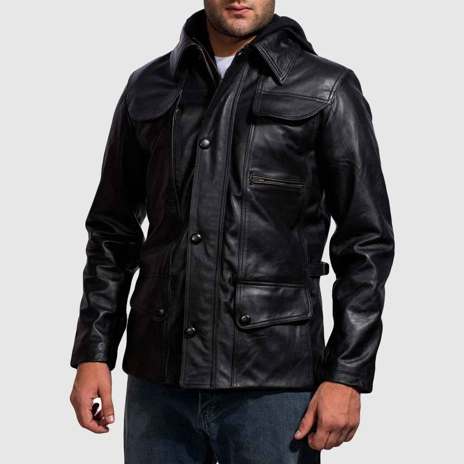 Moulder Hooded Black Leather Jacket