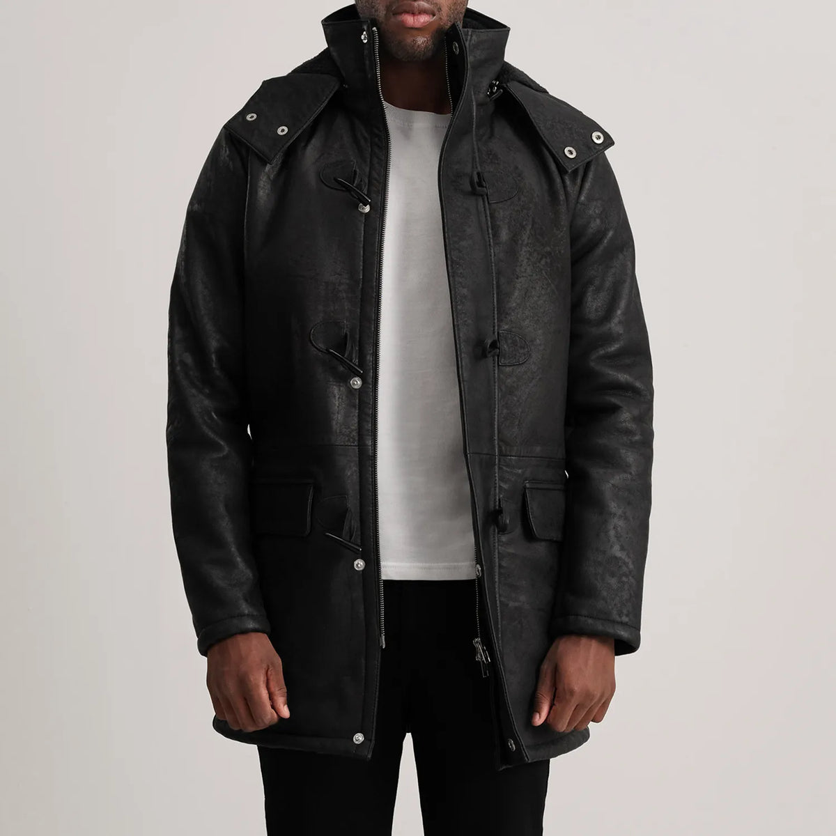 Nolan Distressed Black Leather Duffle Coat