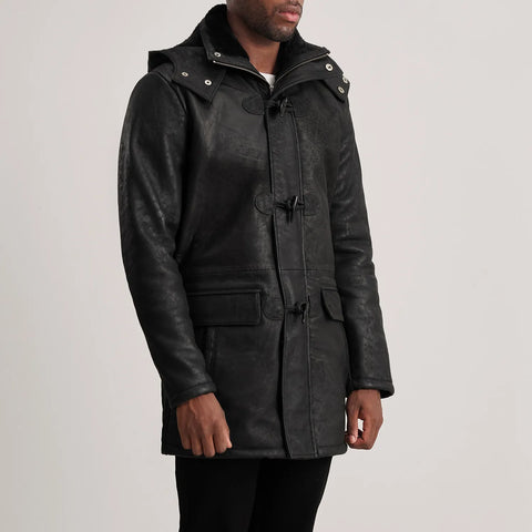 Nolan Distressed Black Leather Duffle Coat