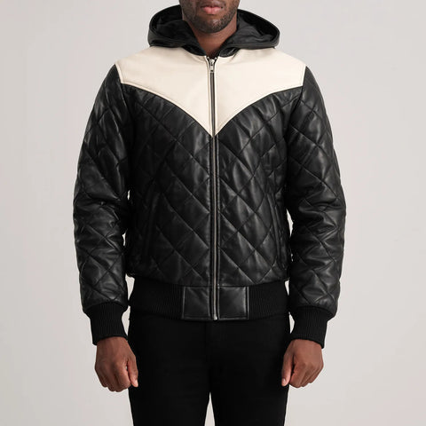 Norman Black Hooded Bomber Leather Puffer Jacket