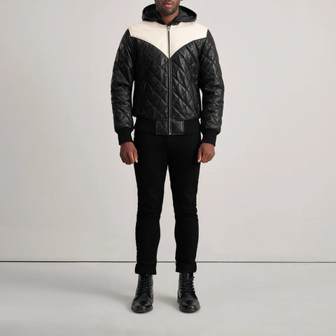 Norman Black Hooded Bomber Leather Puffer Jacket