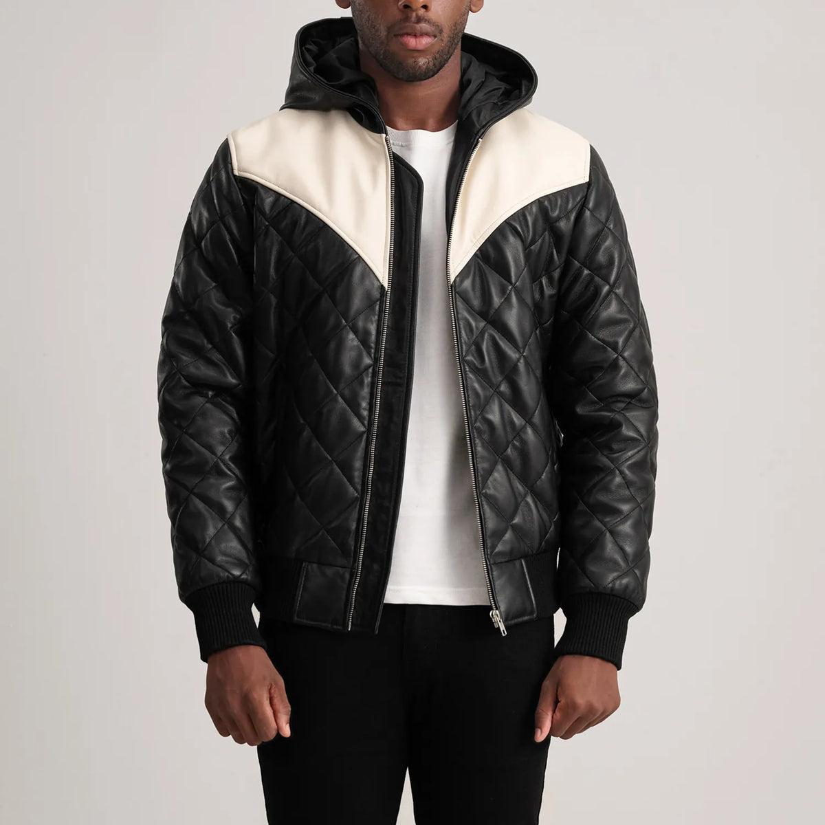 Norman Black Hooded Bomber Leather Puffer Jacket