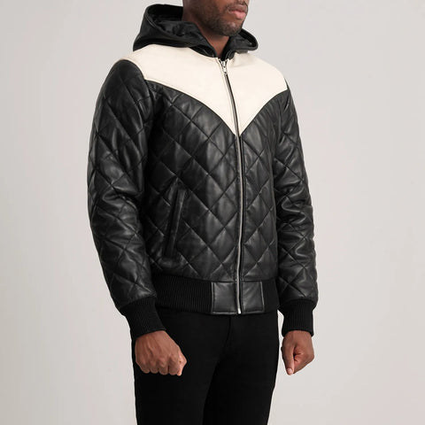 Norman Black Hooded Bomber Leather Puffer Jacket