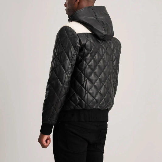 Norman Black Hooded Bomber Leather Puffer Jacket - Leather Clan