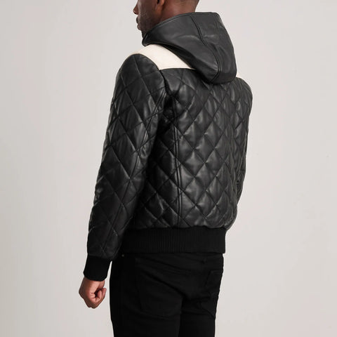 Norman Black Hooded Bomber Leather Puffer Jacket