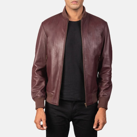 [LC] Shane Maroon Leather Bomber Jacket