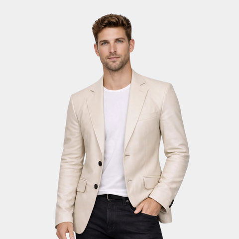 Mens Sports Beige Leather Blazer - Two Button