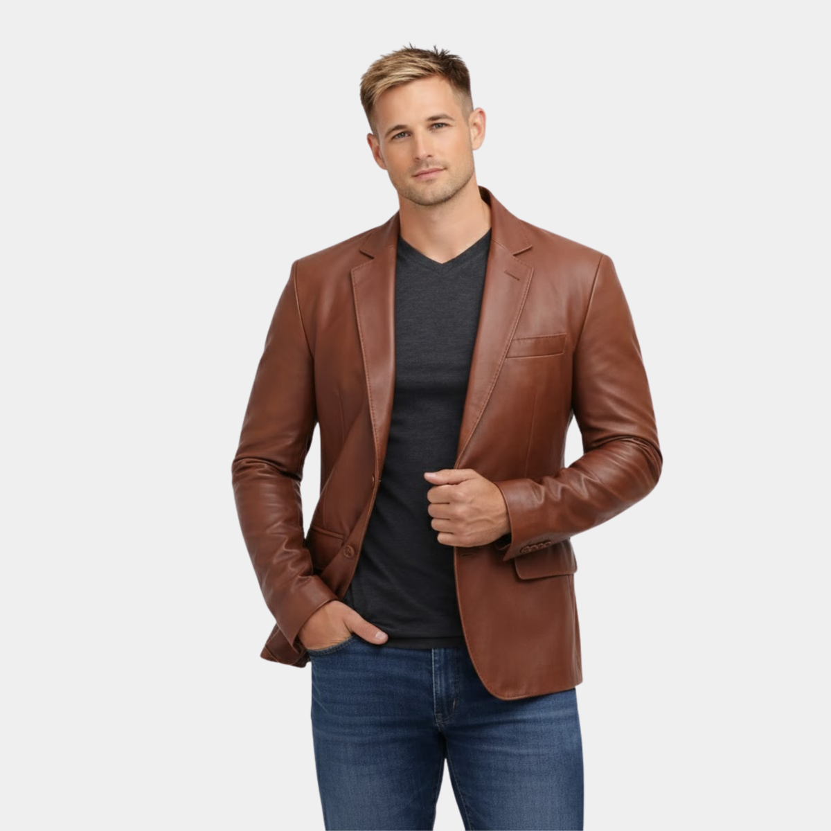 Mens Tan Outer Pocket Leather Blazer Jacket