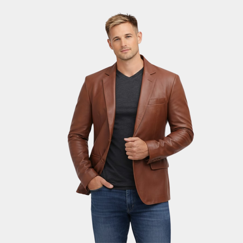 Mens Tan Outer Pocket Leather Blazer Jacket