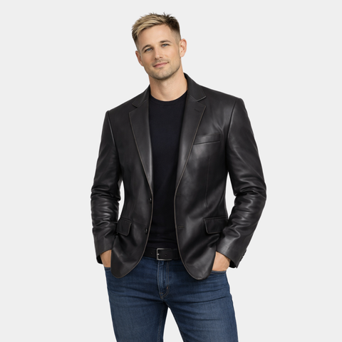 Mens 2 Button Closure Black Leather Blazer