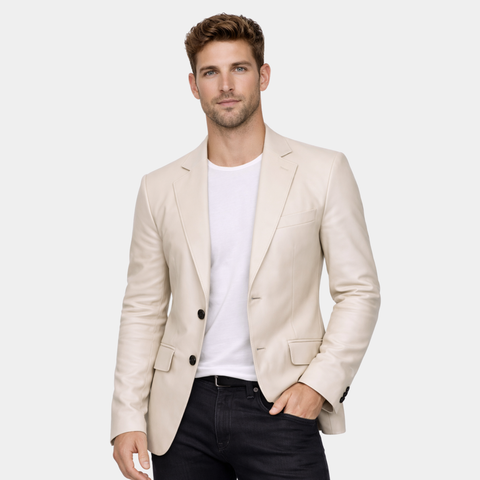 Mens Sports Beige Leather Blazer - Two Button