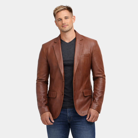 Mens Tan Outer Pocket Leather Blazer Jacket