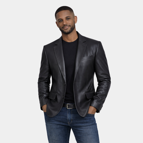 Mens Two Button Black Leather Blazer Jacket