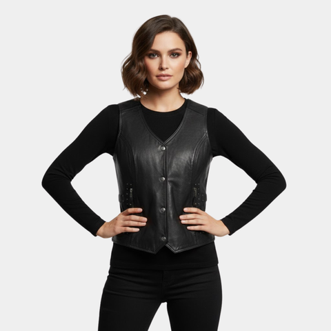 Motorcycle Style Black Leather Biker Vest