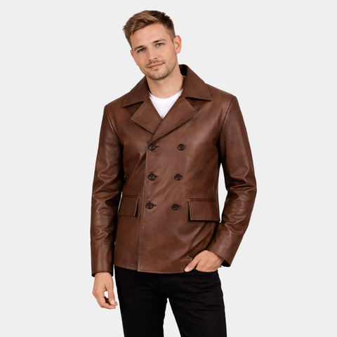 Mr. Bailey Brown Leather Naval Peacoat