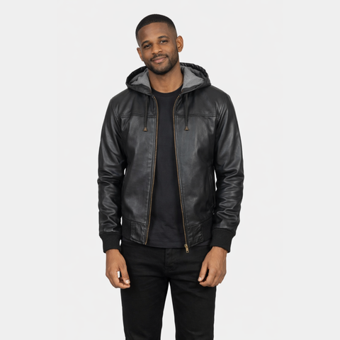 Nintenzo Black Hooded Leather Bomber Jacket