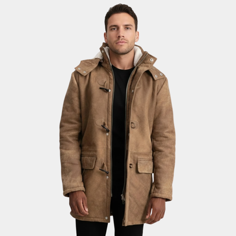 Nolan Distressed Brown Leather Duffle Coat
