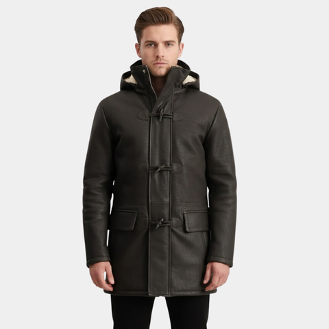 Nolan Tumbled Brown Leather Duffle Coat