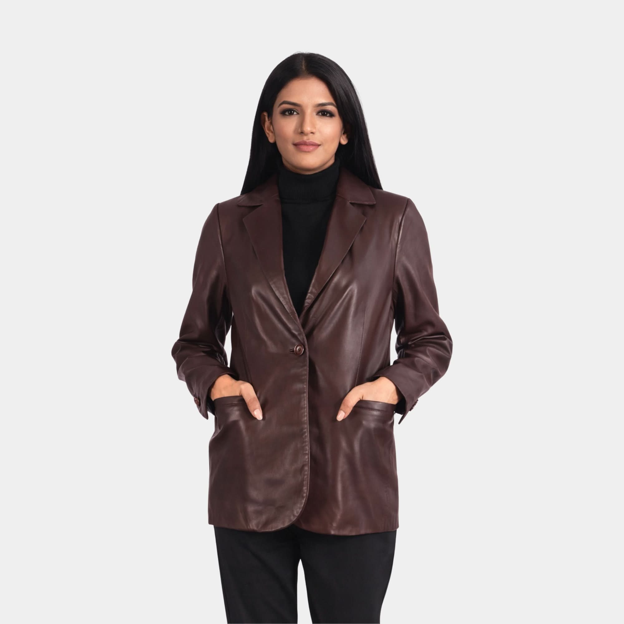 Norma Maroon Leather Blazer - Leather Clan