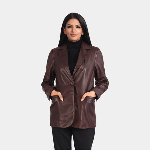 Norma Maroon Leather Blazer - Leather Clan