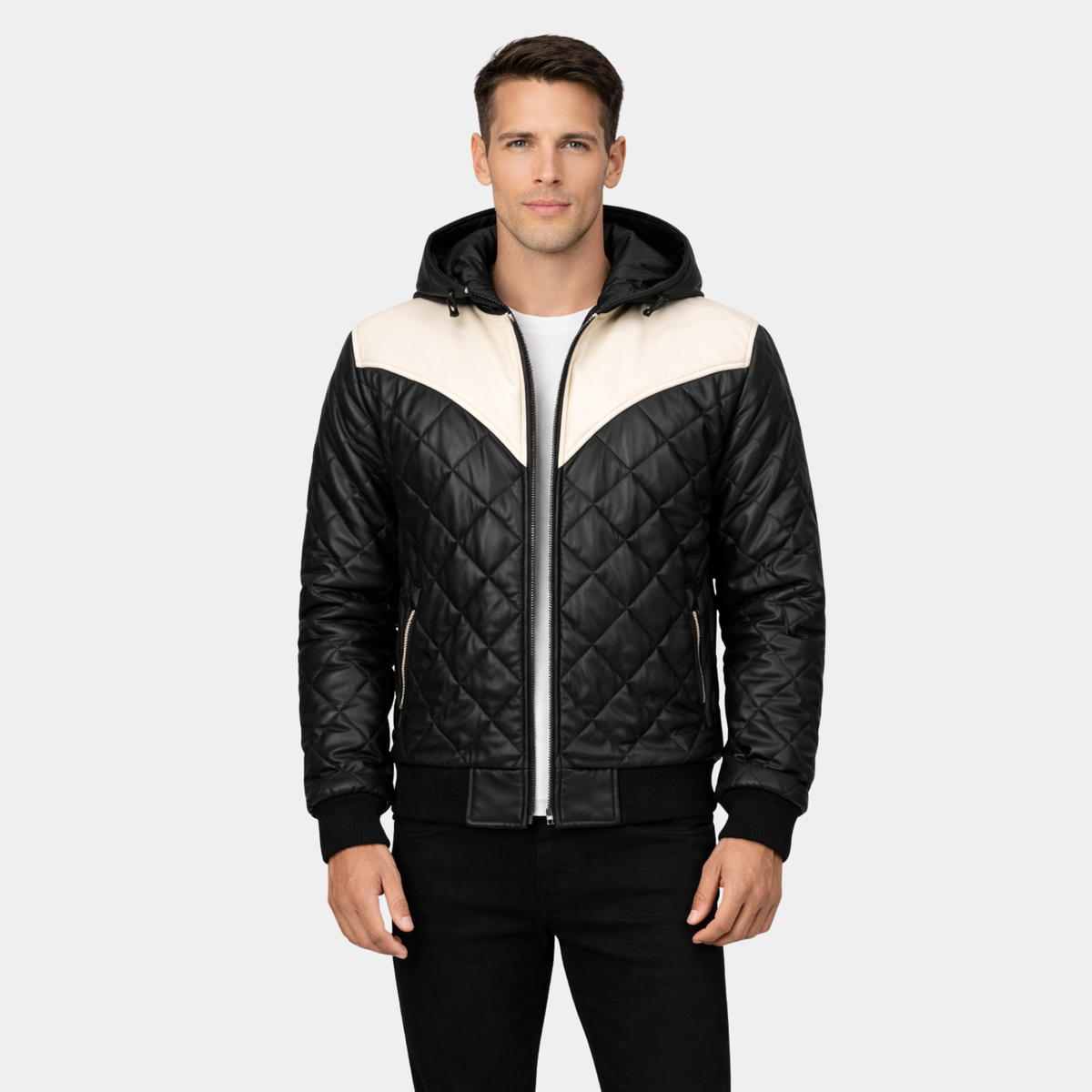 Norman Black Hooded Bomber Leather Puffer Jacket - Leather Clan