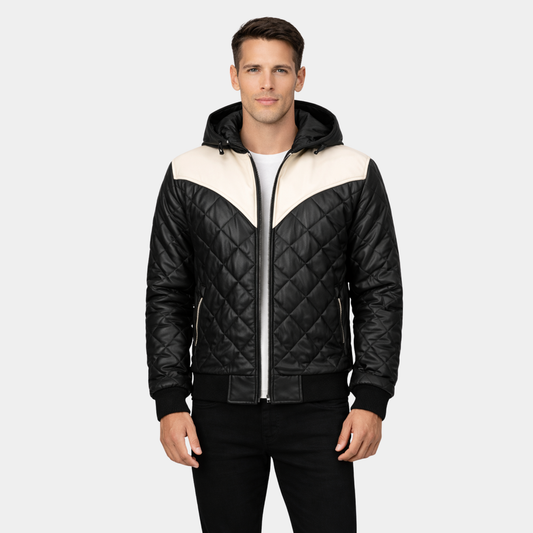 Norman Black Hooded Bomber Leather Puffer Jacket - Leather Clan