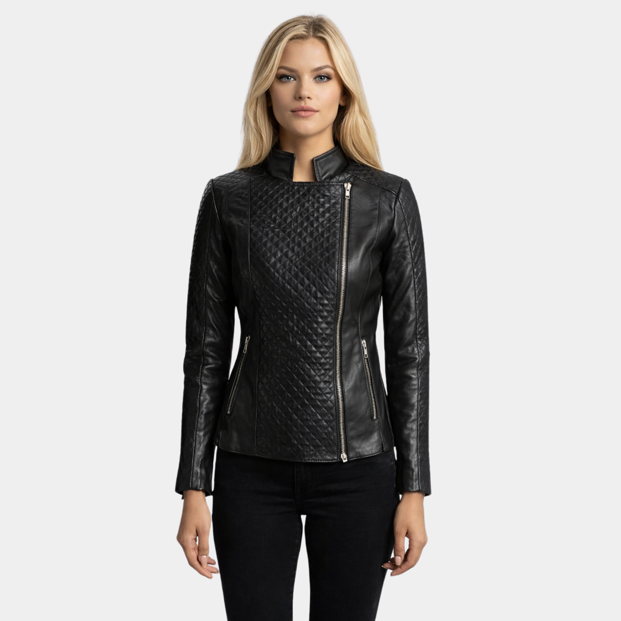 Orient Grain Quilted Black Leather Biker Jacket - Leather Clan