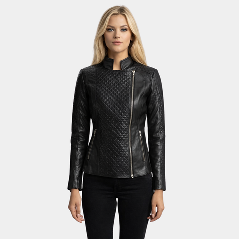 Orient Grain Quilted Black Leather Biker Jacket - Leather Clan