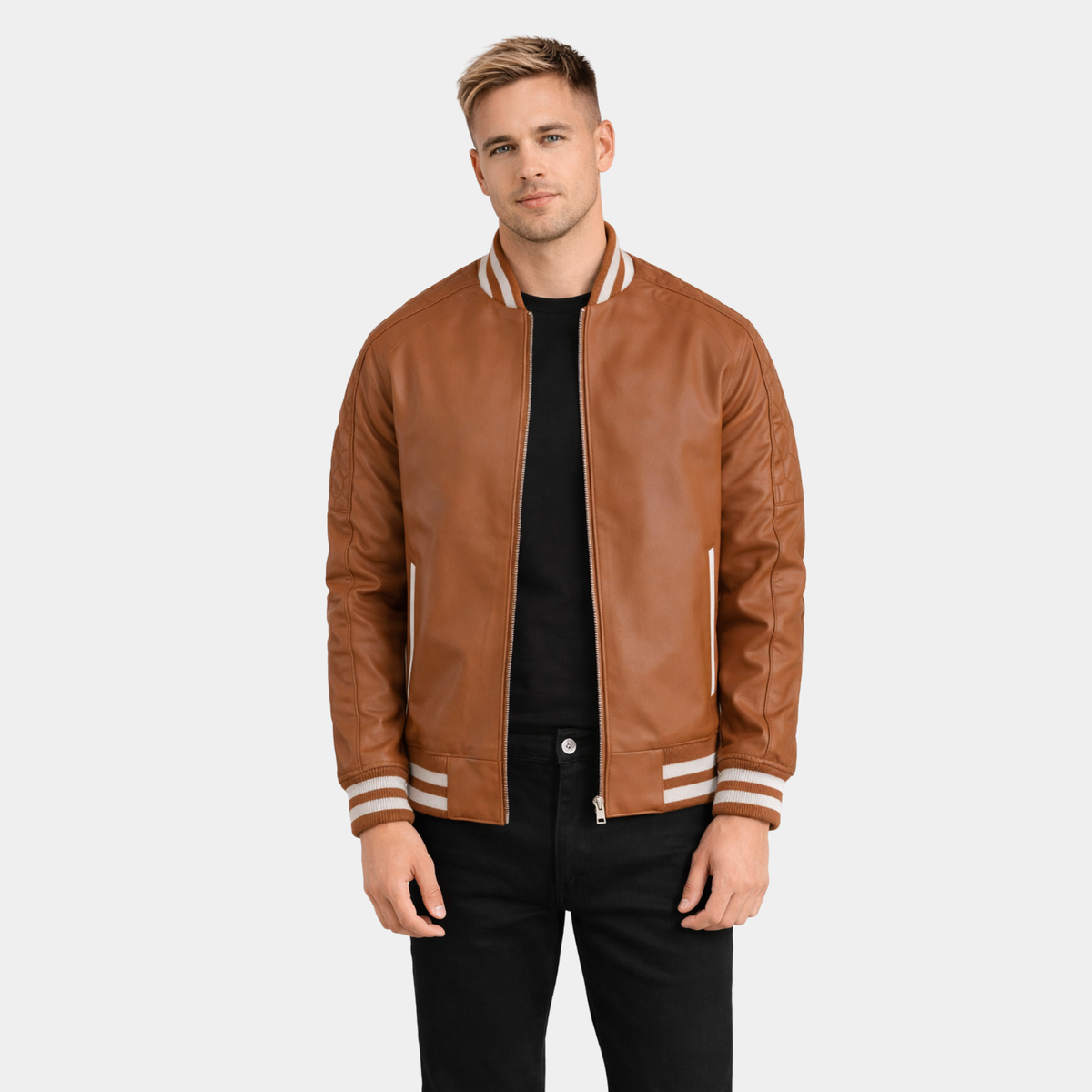 Pascal Tan Brown Leather Varsity Jacket