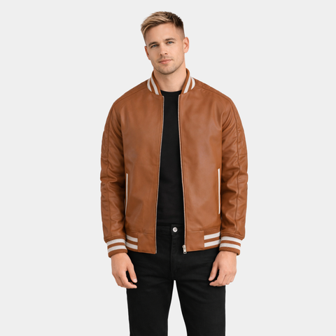 Pascal Tan Brown Leather Varsity Jacket