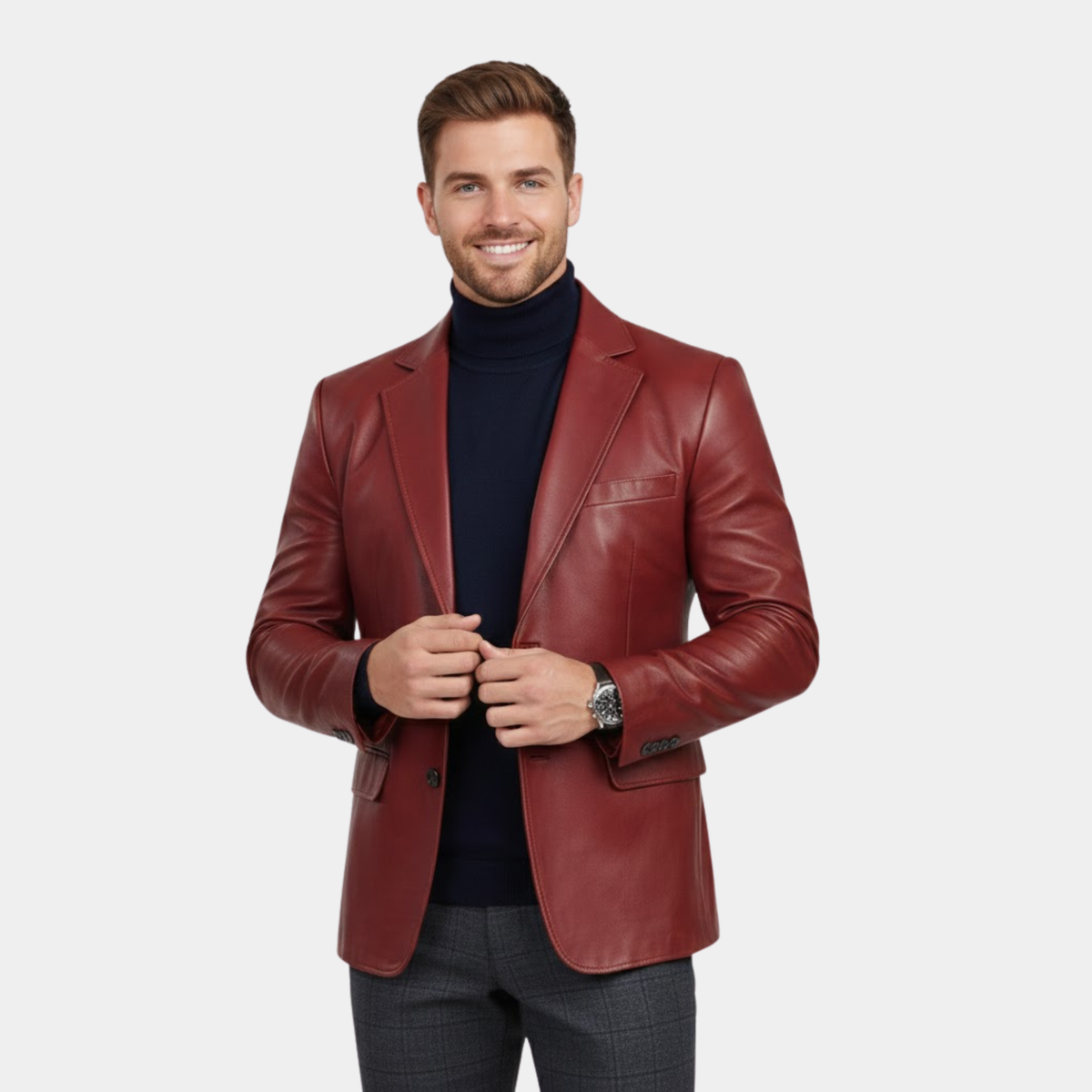 Plush Polyester Lining Maroon Leather Blazer